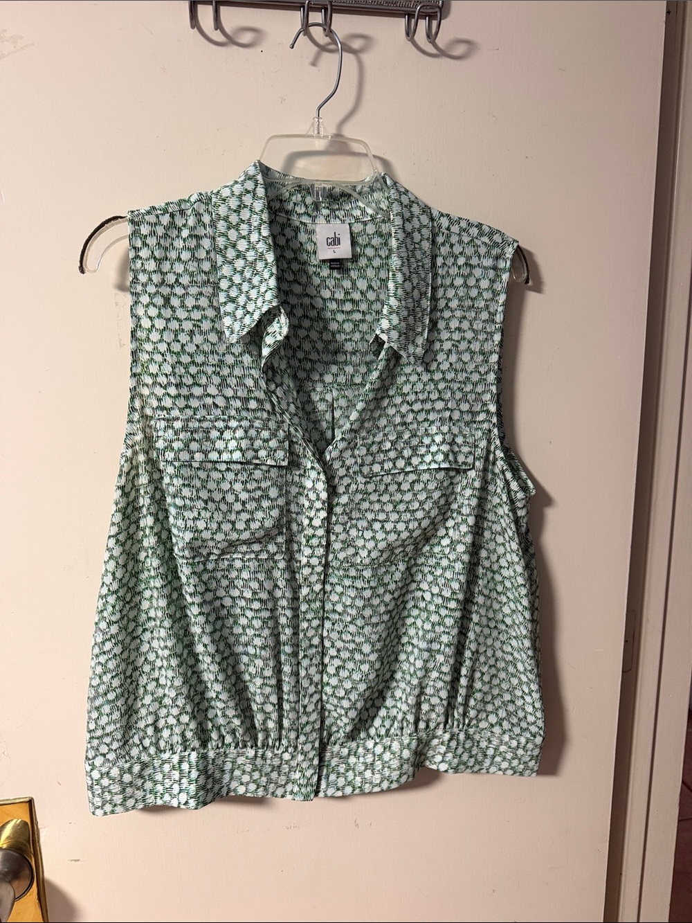 CAbi Sleeveless Green Patterned Button-Front Top